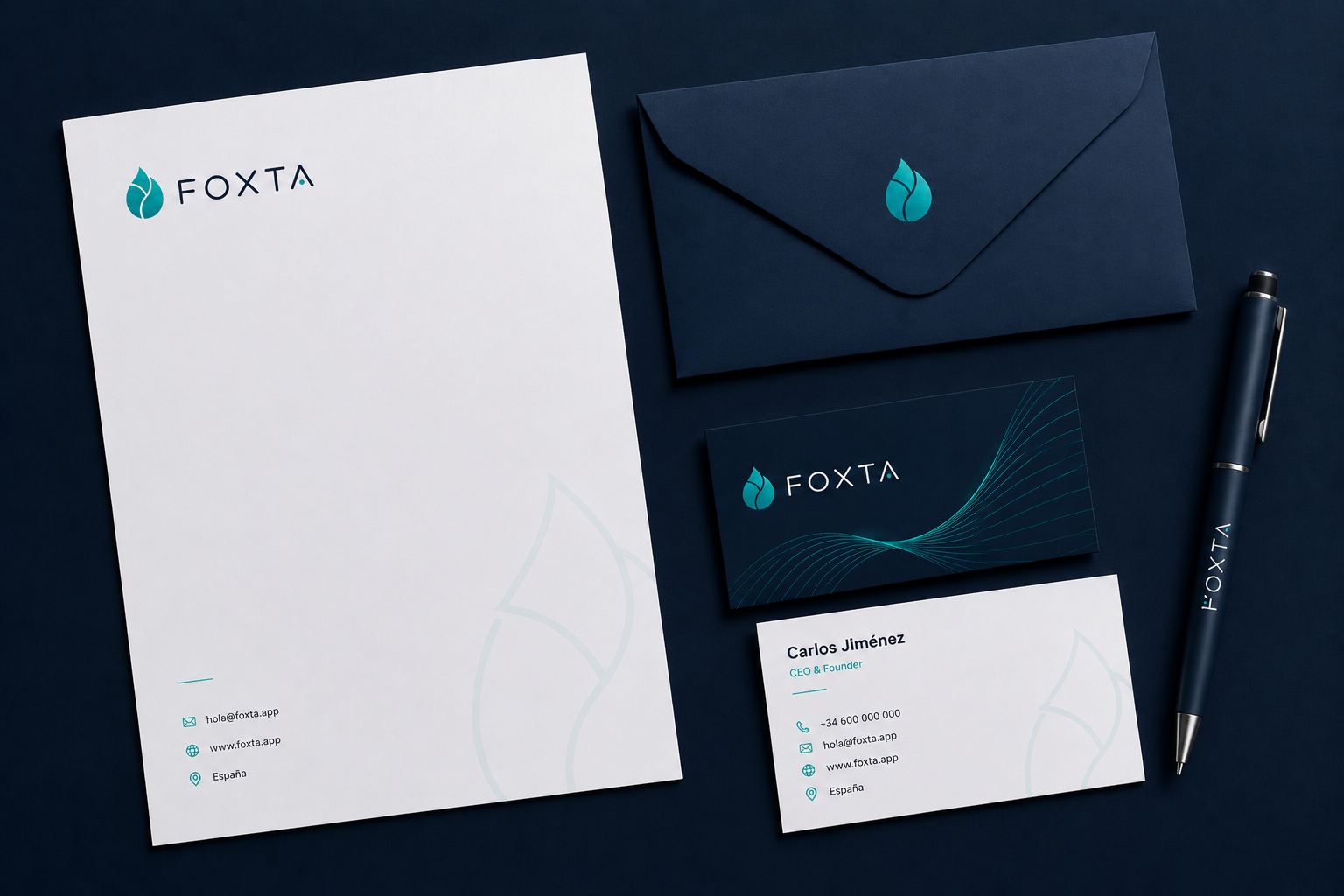 Papelería de Foxta: carta con membrete, sobre azul oscuro con la gota, tarjeta de visita en las dos versiones y bolígrafo