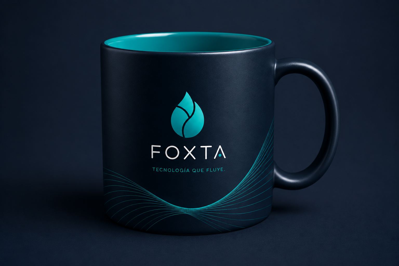 Taza negra de Foxta con interior turquesa, el logotipo y el patrón de onda en la base