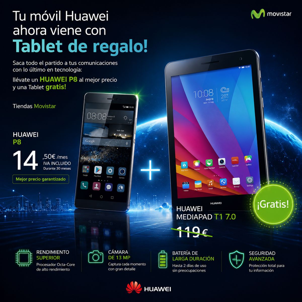 Pieza de la promoción del Huawei P8 en tiendas Movistar, con una tablet MediaPad de regalo y el precio mensual destacado
