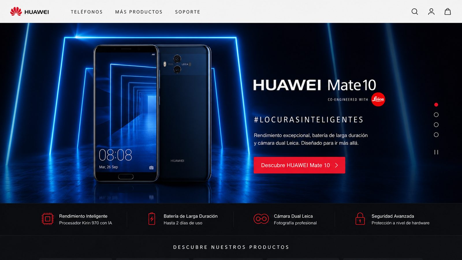 Home del ecommerce de Huawei España con el lanzamiento del Mate 10 a pantalla completa y el eslogan Locuras Inteligentes