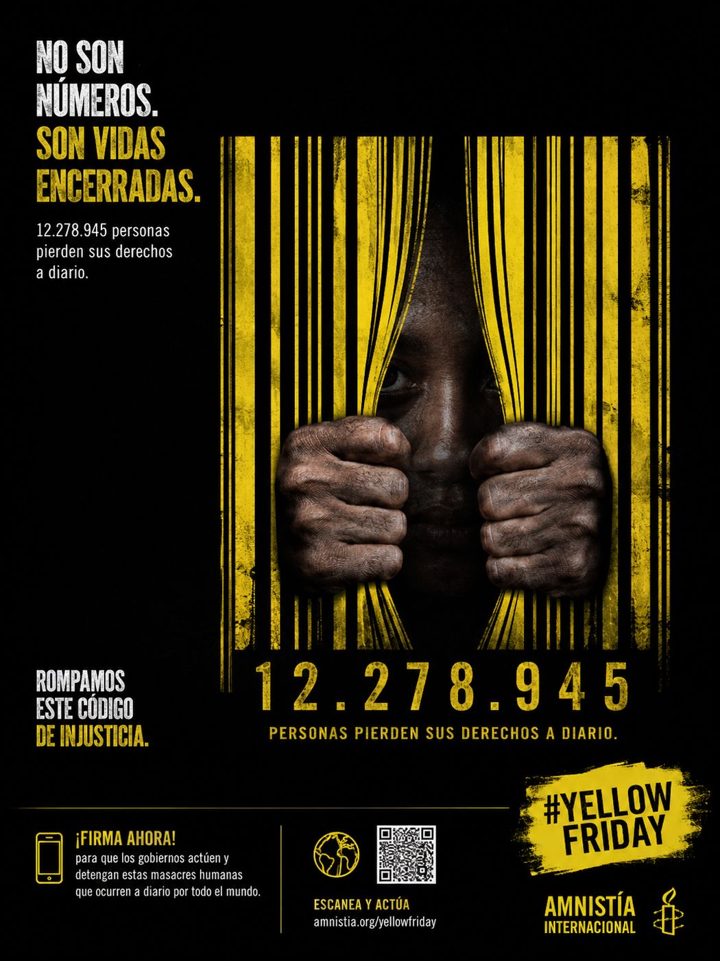 Cartel de la campaña Yellow Friday de Amnistía Internacional: un código de barras que se convierte en los barrotes de una celda