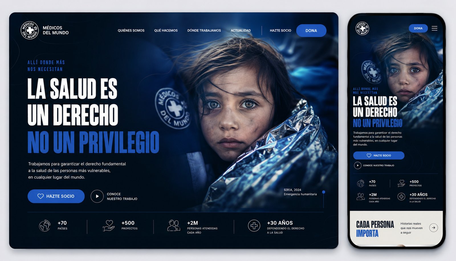 Home de Médicos del Mundo en escritorio y móvil: cabecera con el titular La salud es un derecho, botones de Hazte socio y Conoce nuestro trabajo, y una barra con las cifras de países, proyectos, personas atendidas y años de actividad