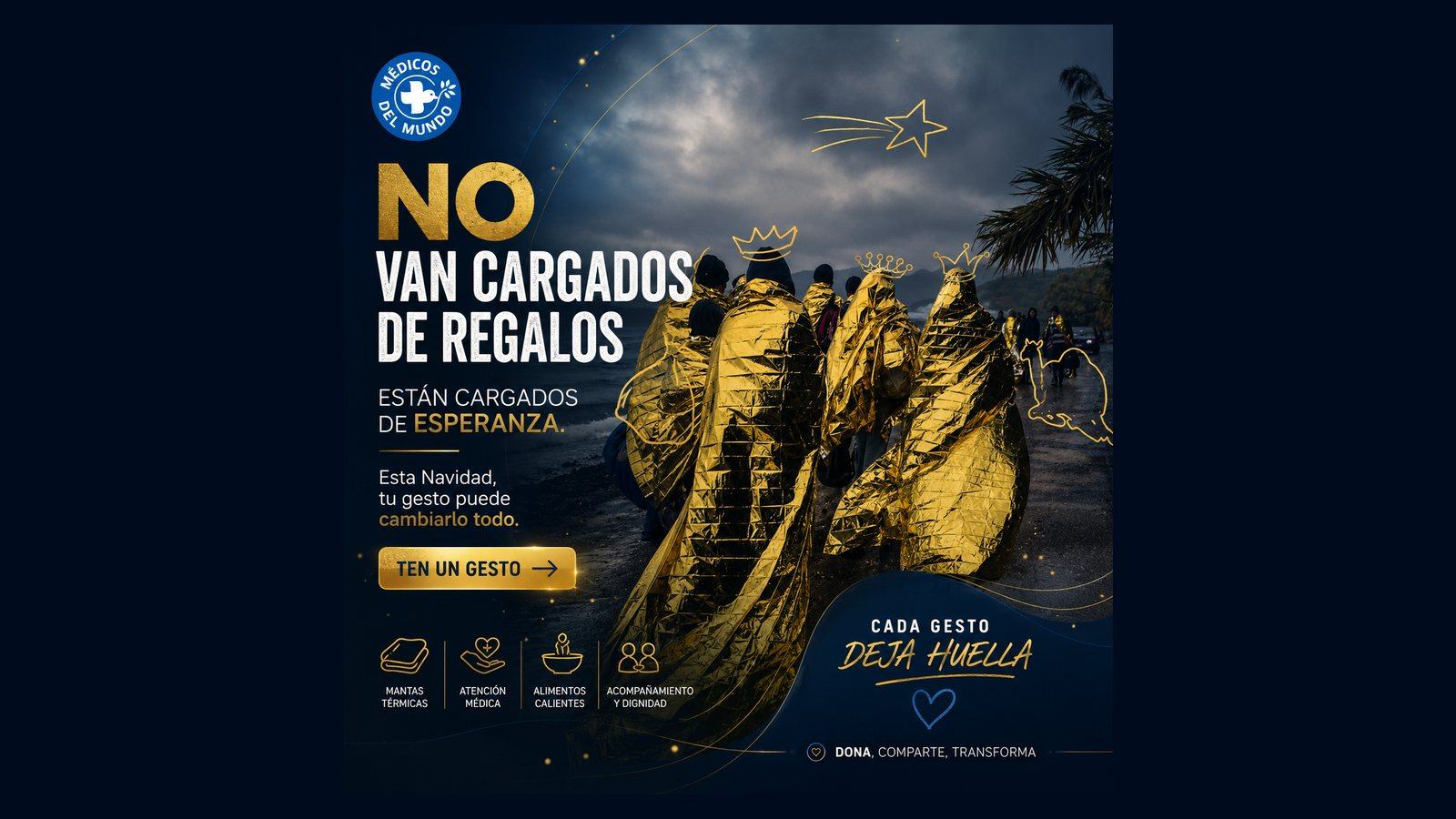 Pieza de la campaña de Navidad 2016: personas refugiadas cubiertas con mantas térmicas doradas, con coronas dibujadas encima