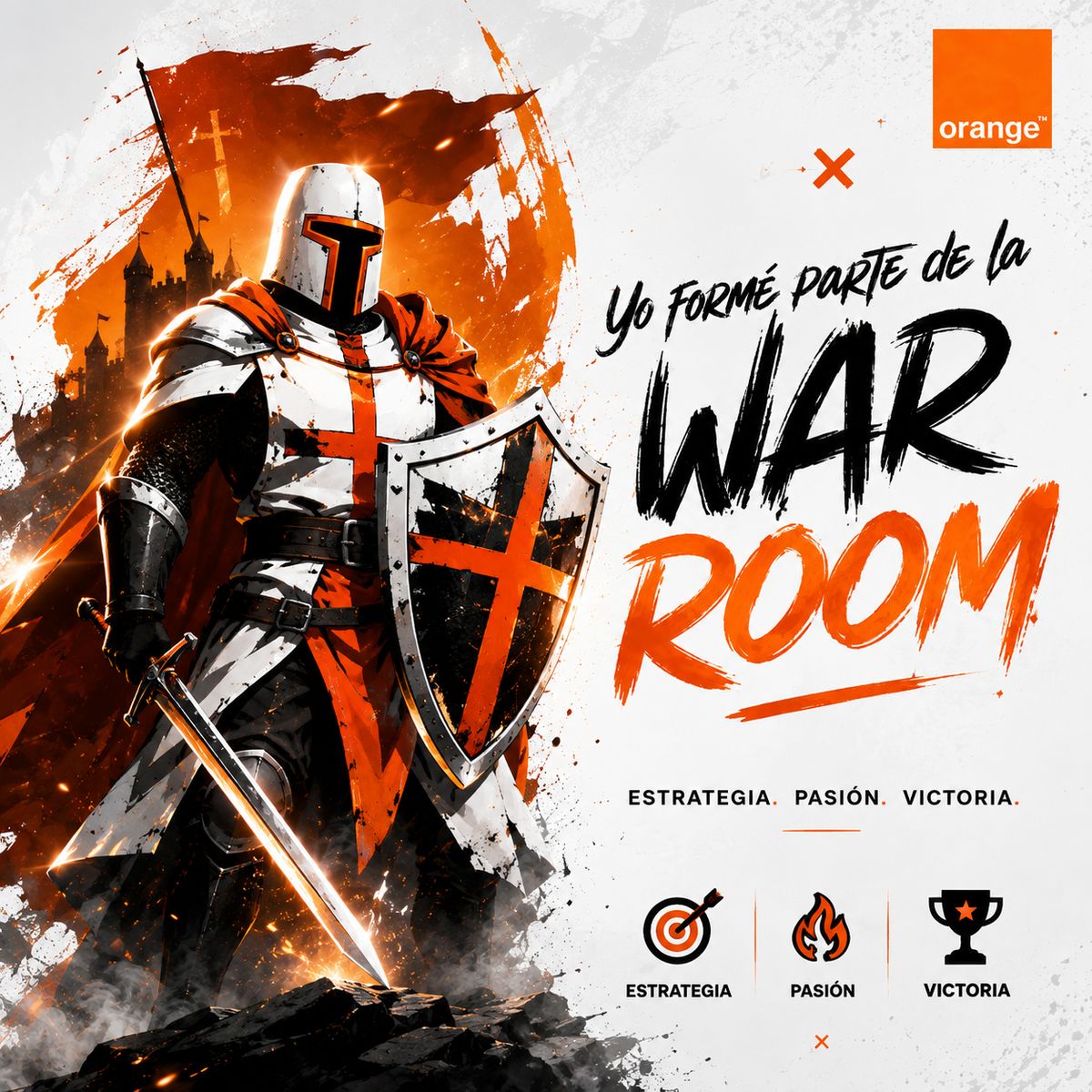 Segunda pieza de la serie War Room: un caballero con armadura, escudo y espada sobre un fondo de trazos naranjas y negros