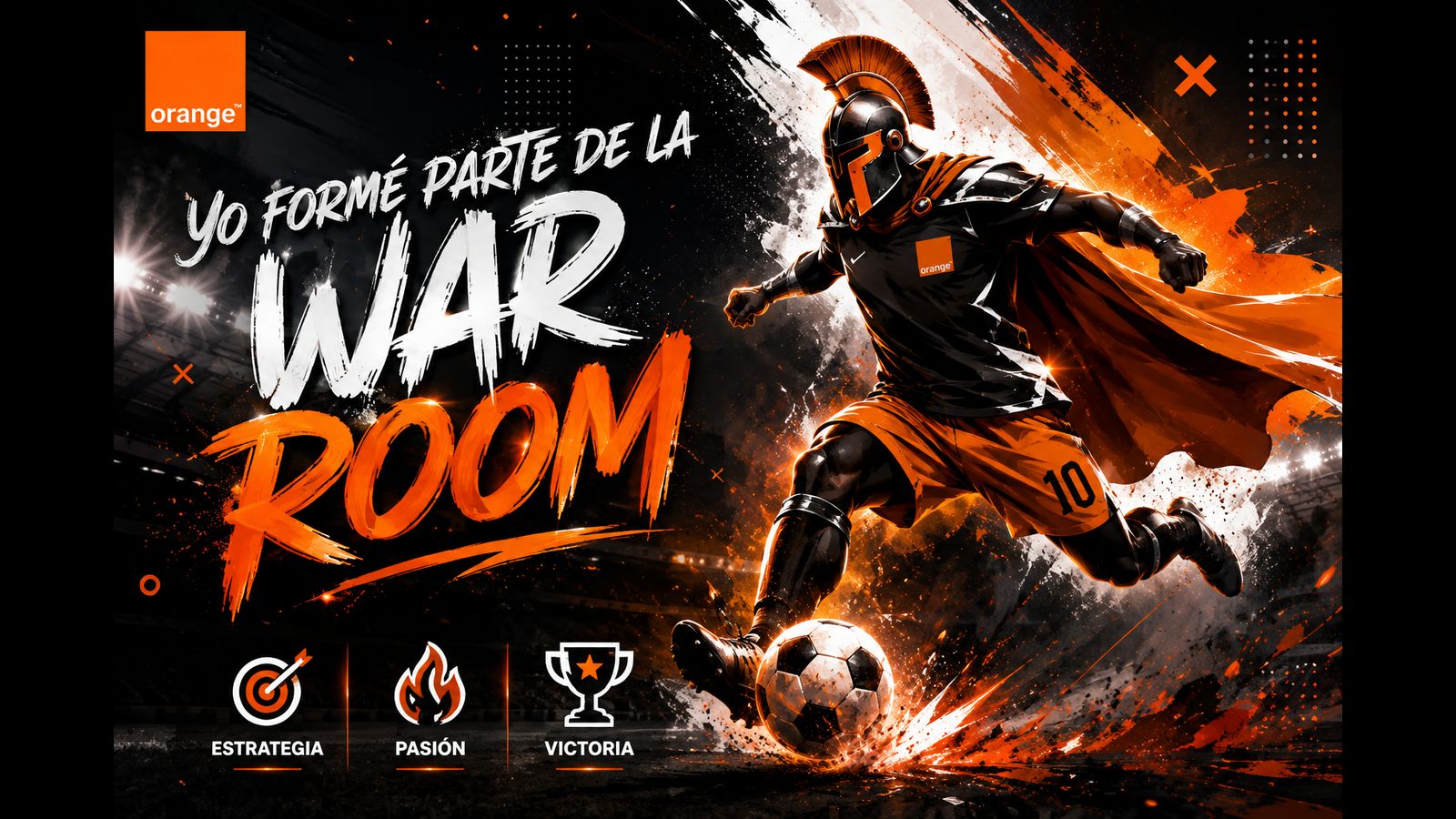 Pieza apaisada de la campaña War Room de Orange: un futbolista con casco de gladiador golpea un balón