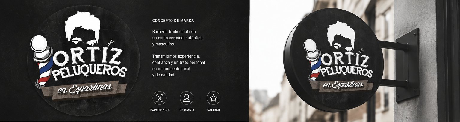 Logotipo ilustrado de Ortiz Peluqueros con poste de barbero y silueta masculina, y el mismo logotipo aplicado a un rótulo circular en una fachada