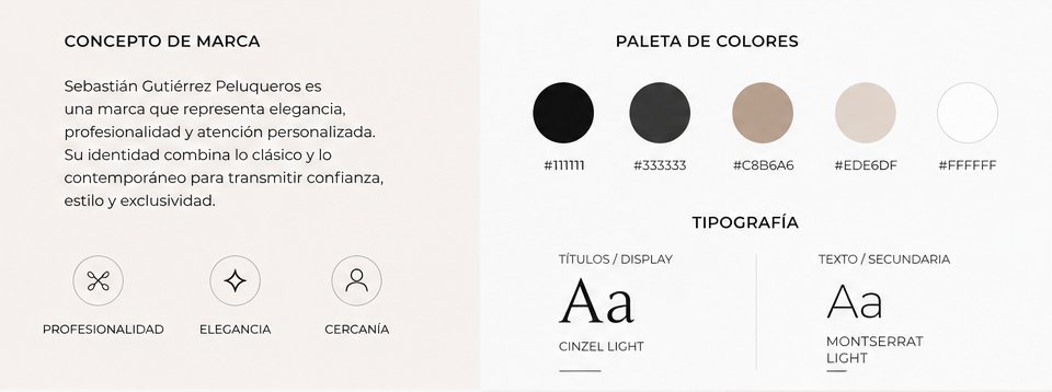 Concepto de marca, paleta de cinco colores y sistema tipográfico con Cinzel Light y Montserrat Light