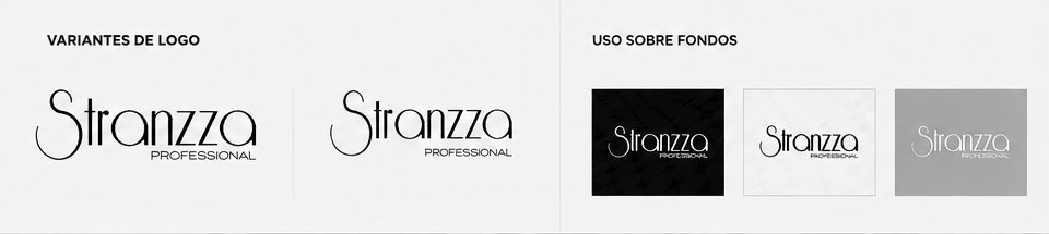 Variantes del logotipo de Stranzza Professional y pruebas de uso sobre fondo negro, blanco y gris