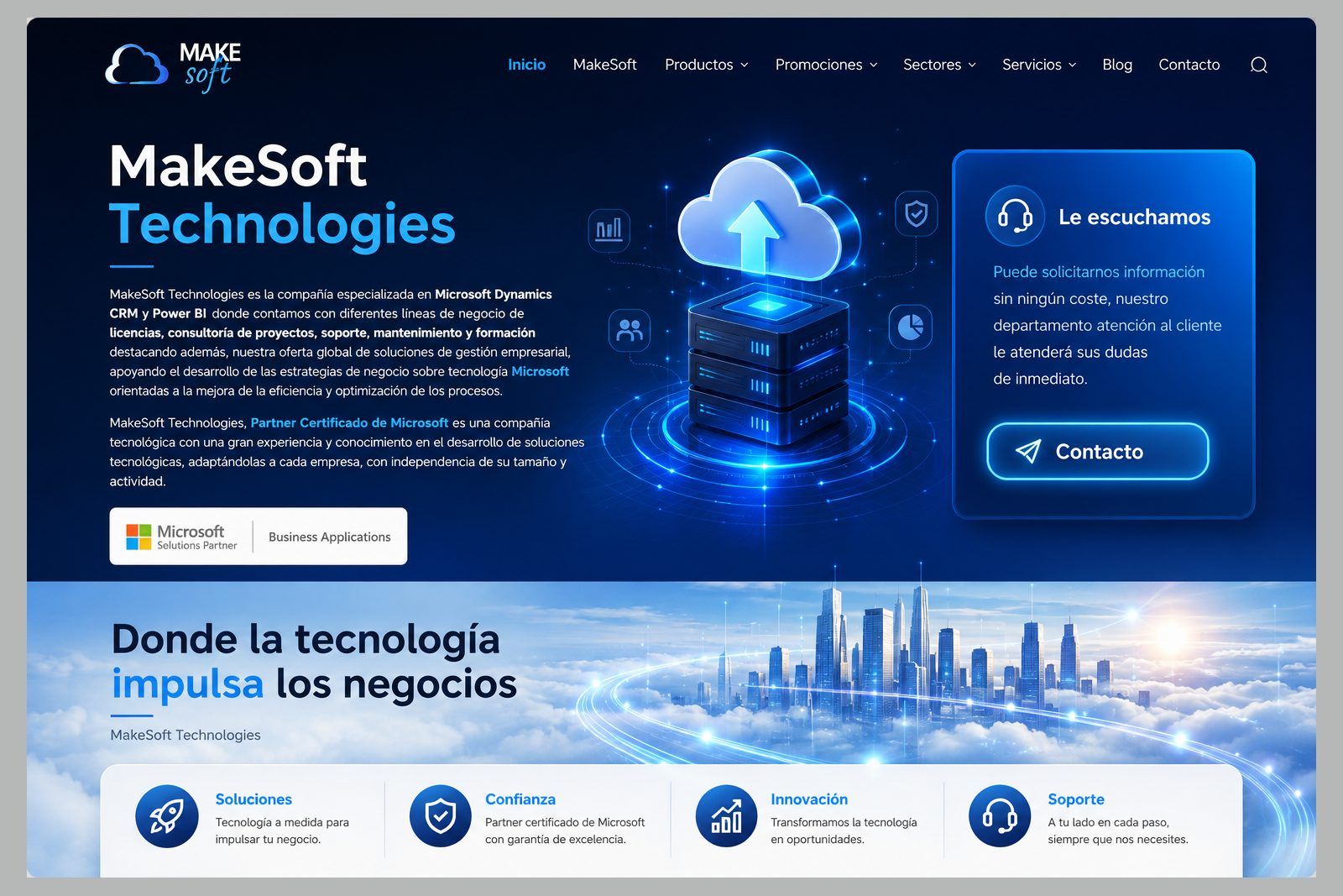 Home de MakeSoft Technologies con una ilustración tridimensional de nube y servidores sobre fondo azul oscuro