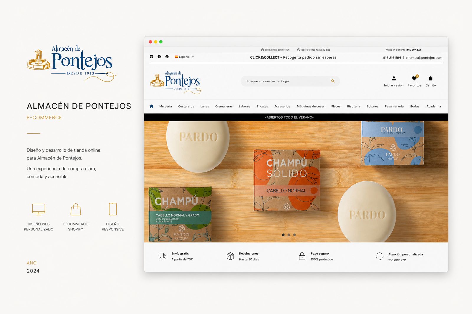 Tienda online de Almacén de Pontejos con el logotipo de la mercería, una barra de dieciséis categorías de producto y un carrusel de champús sólidos