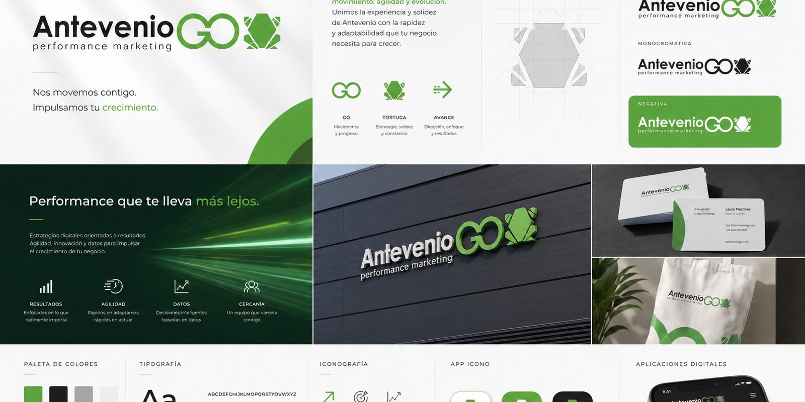 Lámina de marca de Antevenio Go: logotipo, aplicaciones y sistema visual