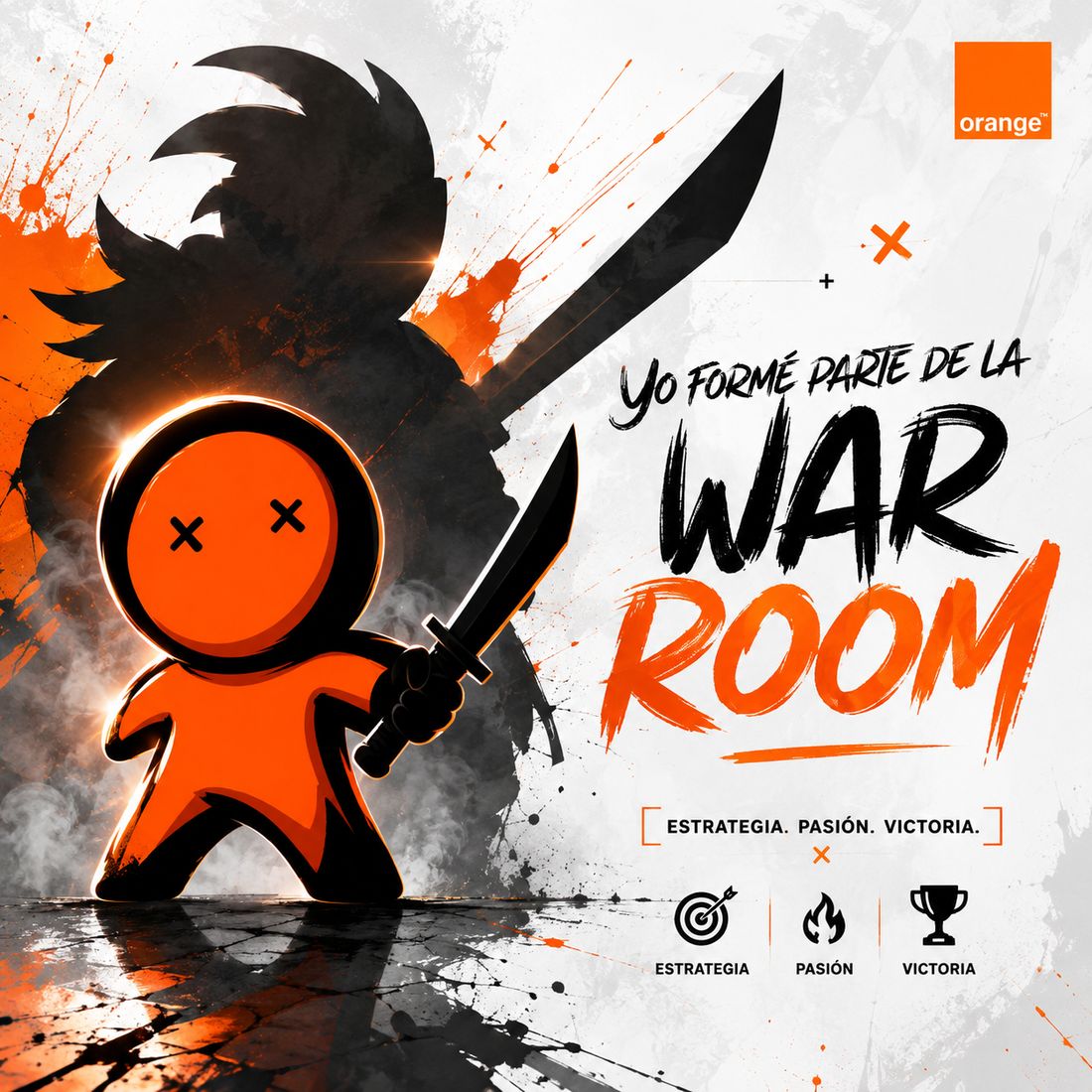 Pieza de la campaña War Room de Orange con un personaje ilustrado empuñando una espada
