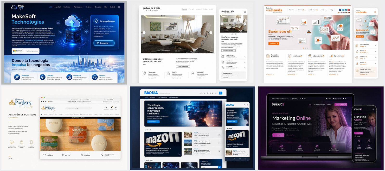 Mosaico con las home de seis webs corporativas: MakeSoft, Gastón de Iriarte, Fundación Másfamilia, inBESTeam, Baquía e Innovae
