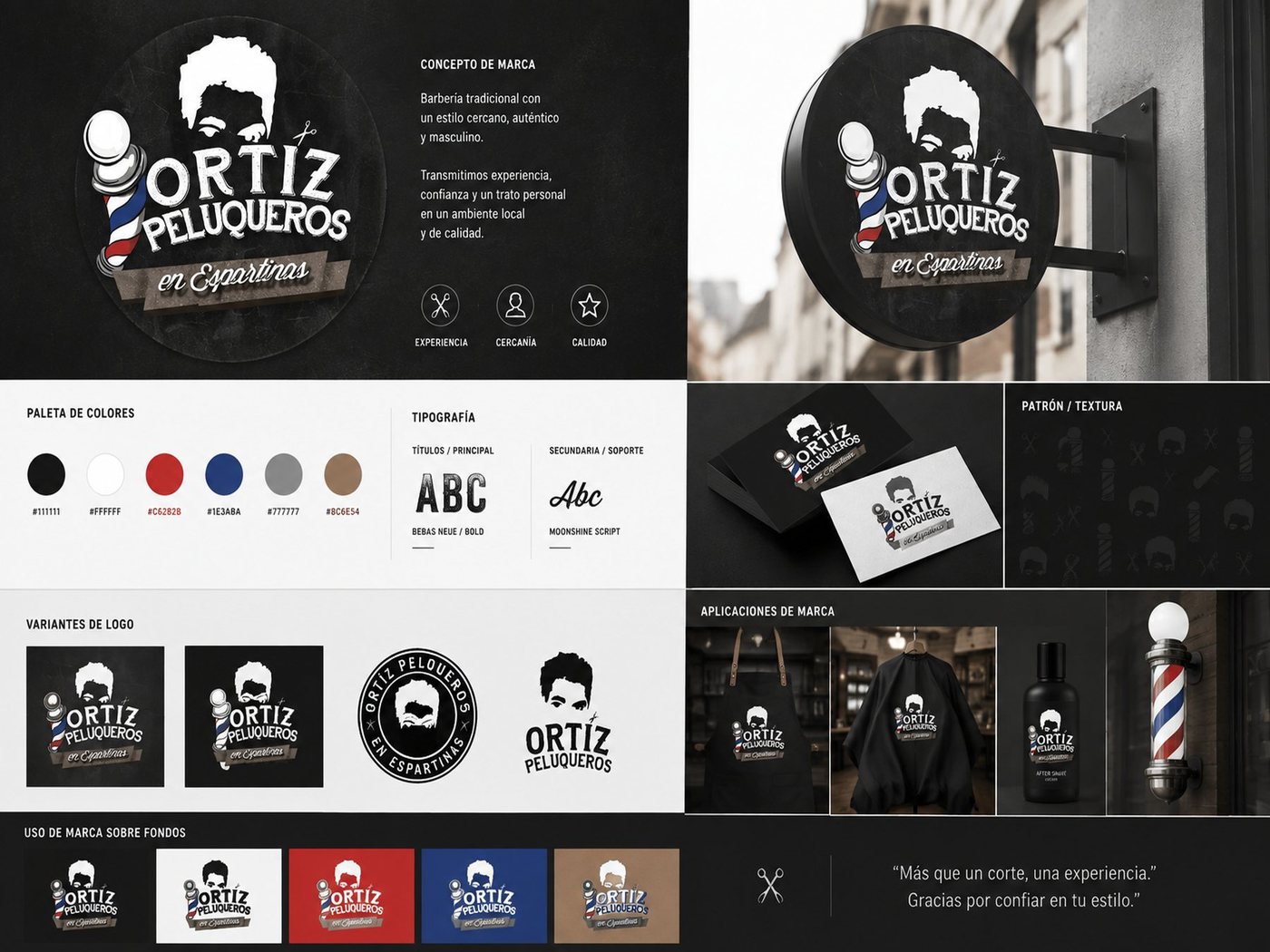 Lámina de identidad de Ortiz Peluqueros con logotipo ilustrado, rótulo y aplicaciones