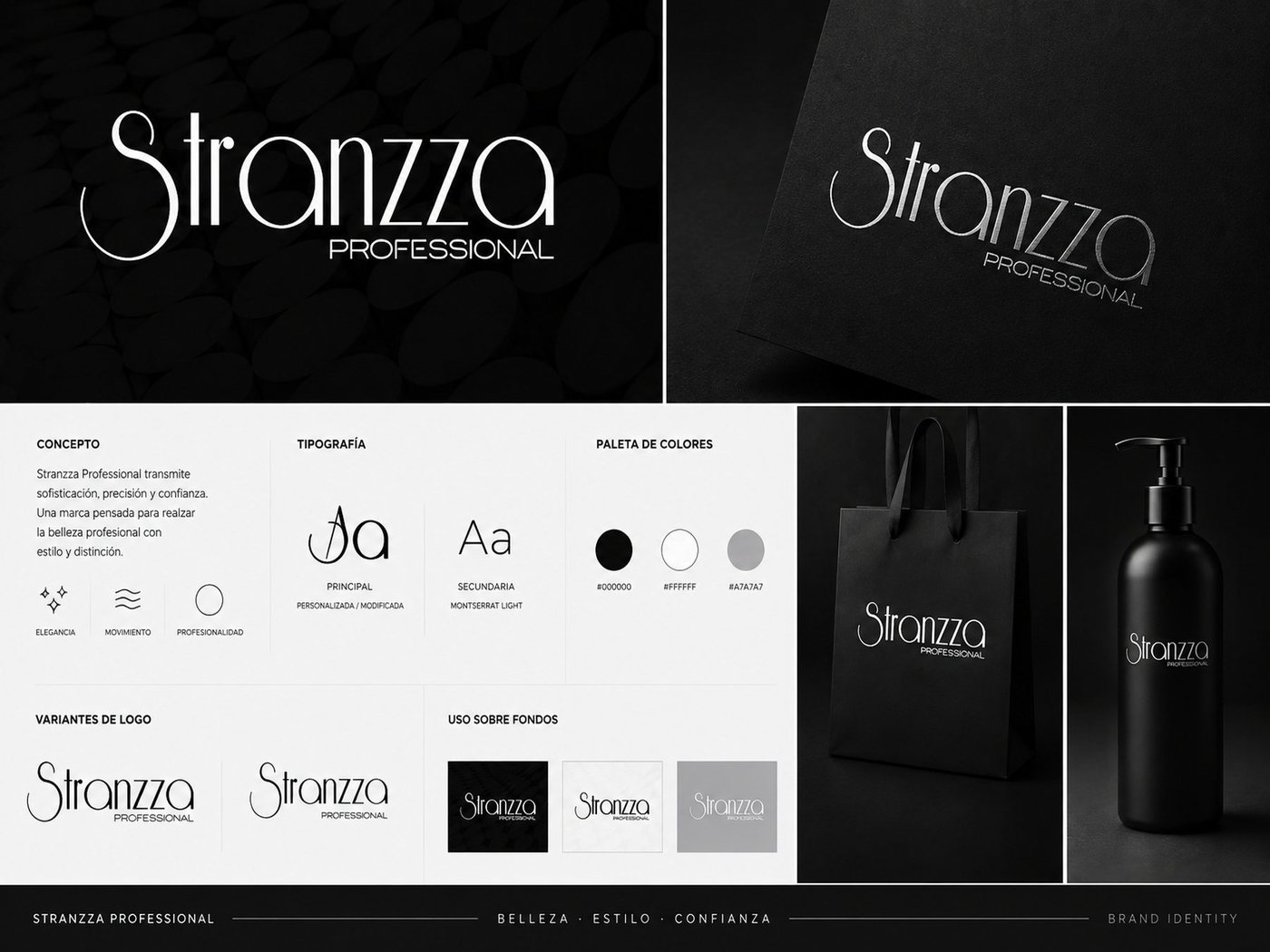 Logotipo de Stranzza Professional en blanco y en tinta plata sobre negro